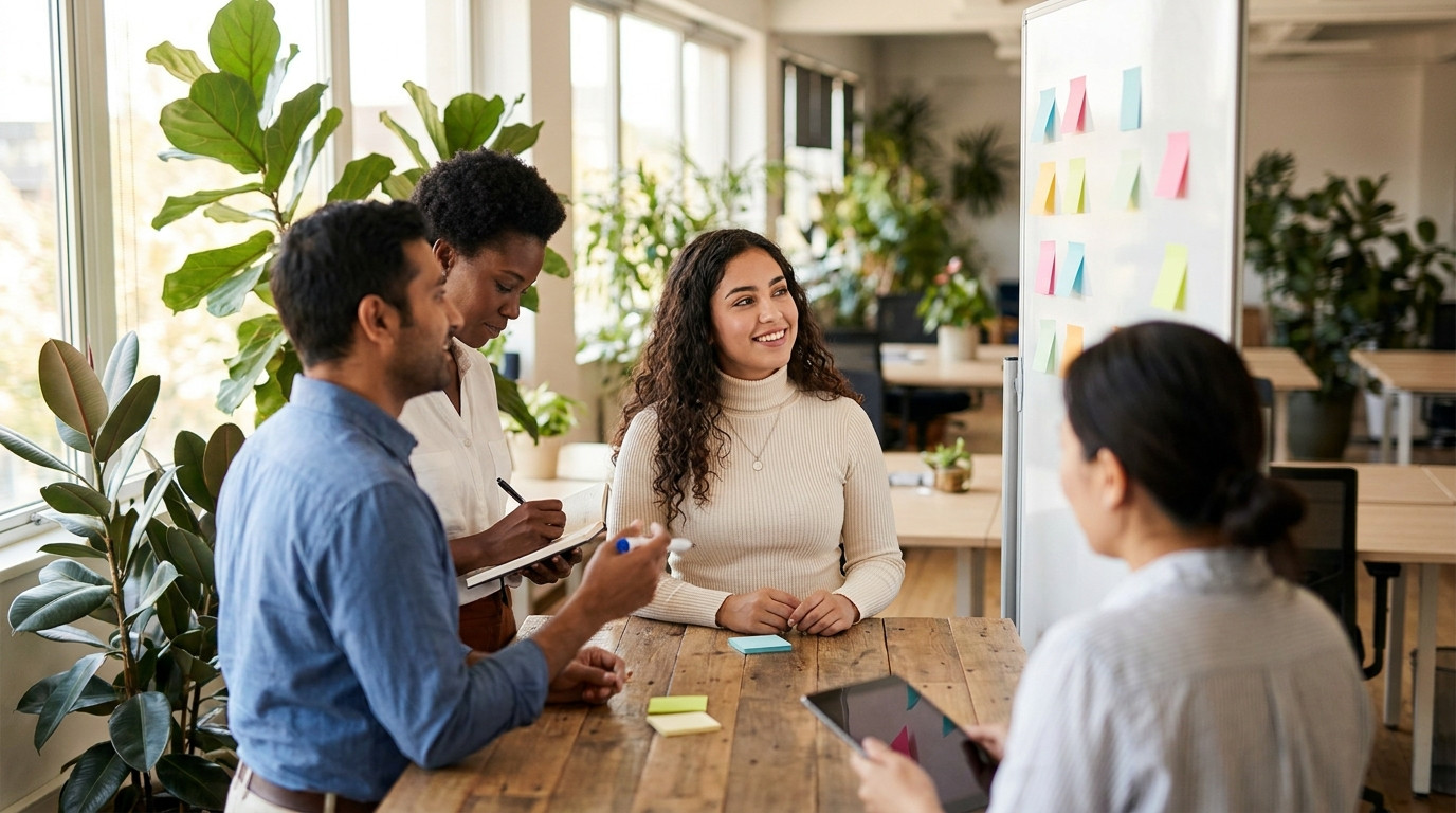 Three professionals collaborating around a standing-height table in a bright open office, one gesturing with a marker to