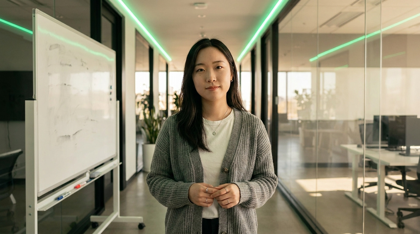 A quiet modern office hallway in a game studio with glass walls, neon-green accent lighting strips along the ceiling, a 