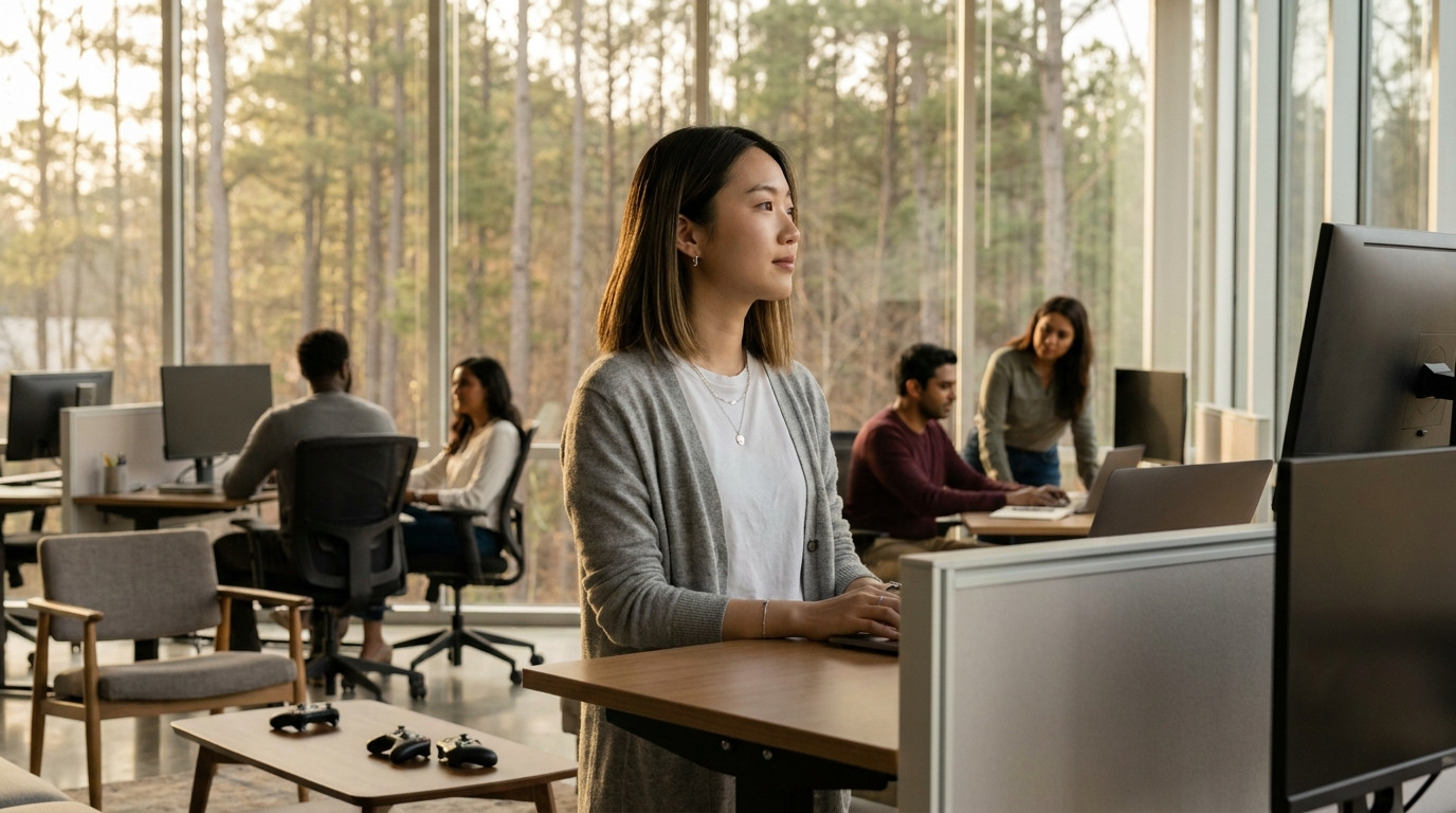 Wide shot of a modern open-plan office space with standing desks, a few scattered game controllers on surfaces, tall win