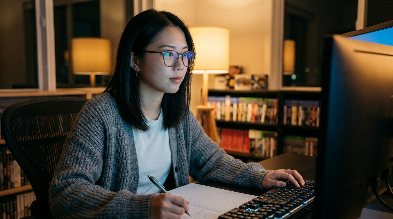 Student working alone at a dual-monitor setup in a dim room, screen glow illuminating their face from the front, one han