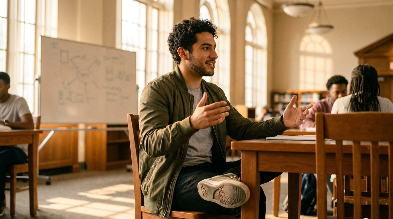Student sitting alone at a library table rehearsing an answer, hands mid-gesture, a whiteboard behind with a faintly era