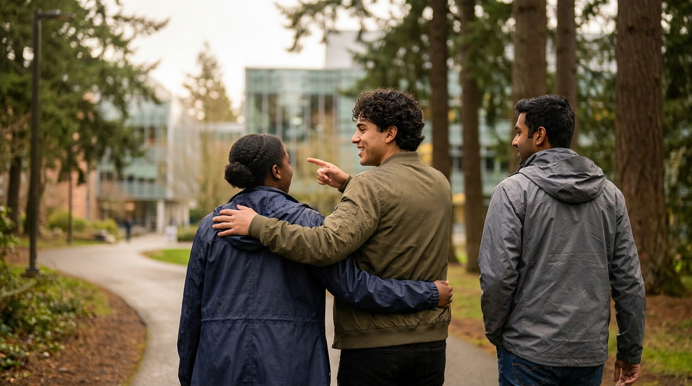 Three interns walking together through a lush green campus path lined with tall Douglas fir trees, modern glass building