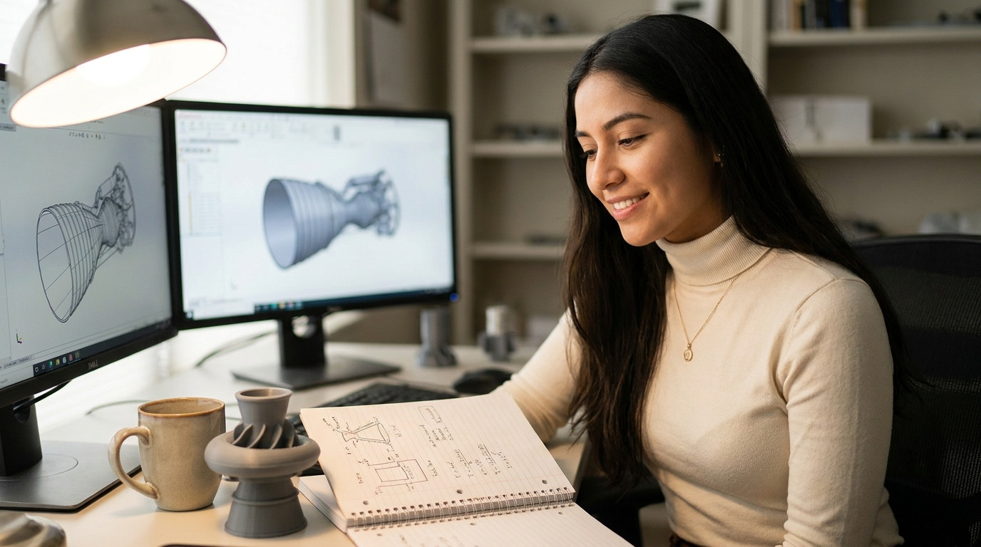 Close-up of an engineering workstation with a dual-monitor setup showing CAD wireframes of a generic rocket nozzle, a sp