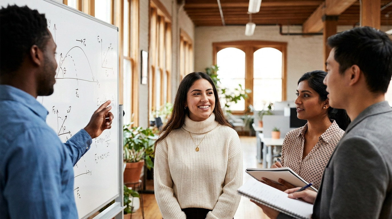 Four young engineers gathered around a large whiteboard covered in hand-drawn trajectory arcs and force diagrams, one po