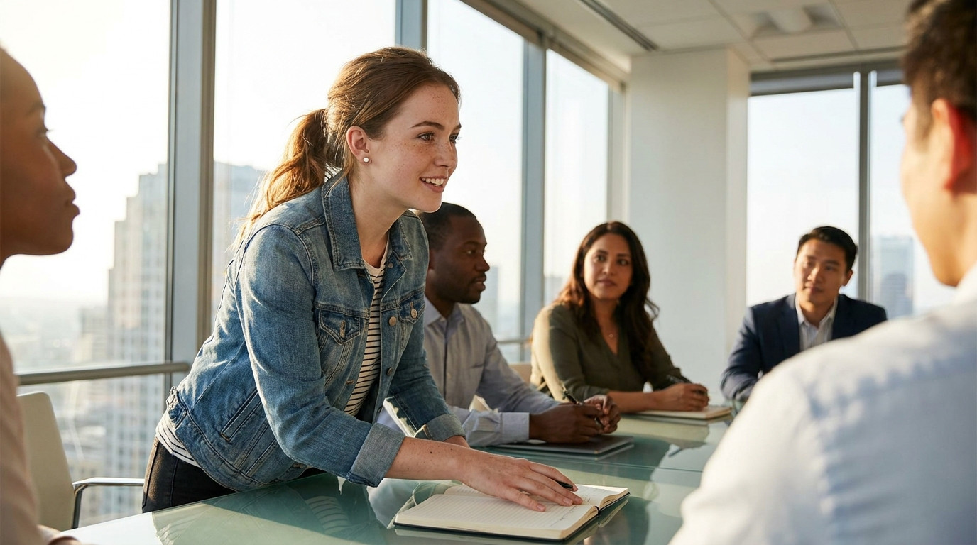 Young professional in a tailored charcoal blazer leaning forward at a glass conference table in a modern high-rise offic
