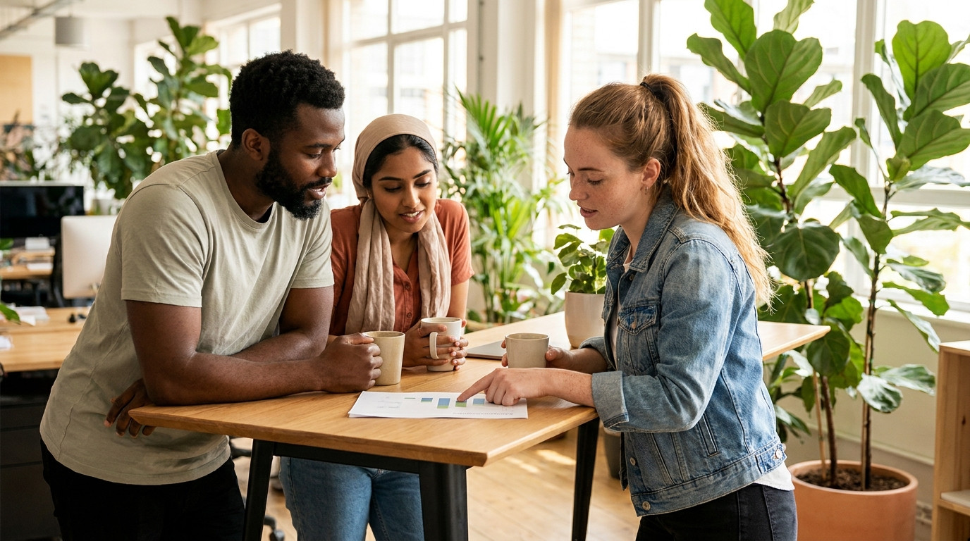 Three interns collaborating around a standing-height table in a bright open-plan consulting office, one pointing at a pr