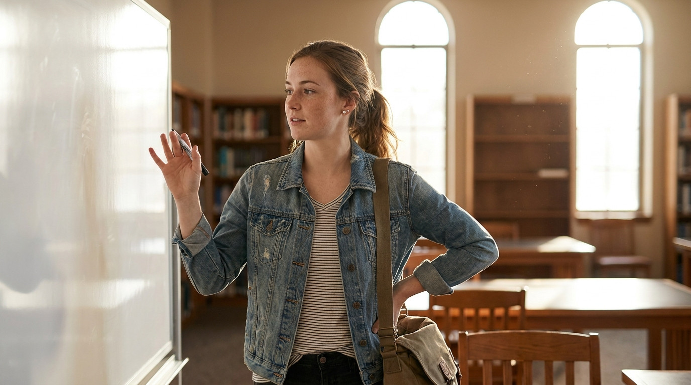 Student rehearsing a case presentation alone in a quiet campus study room at golden hour, standing with confident postur