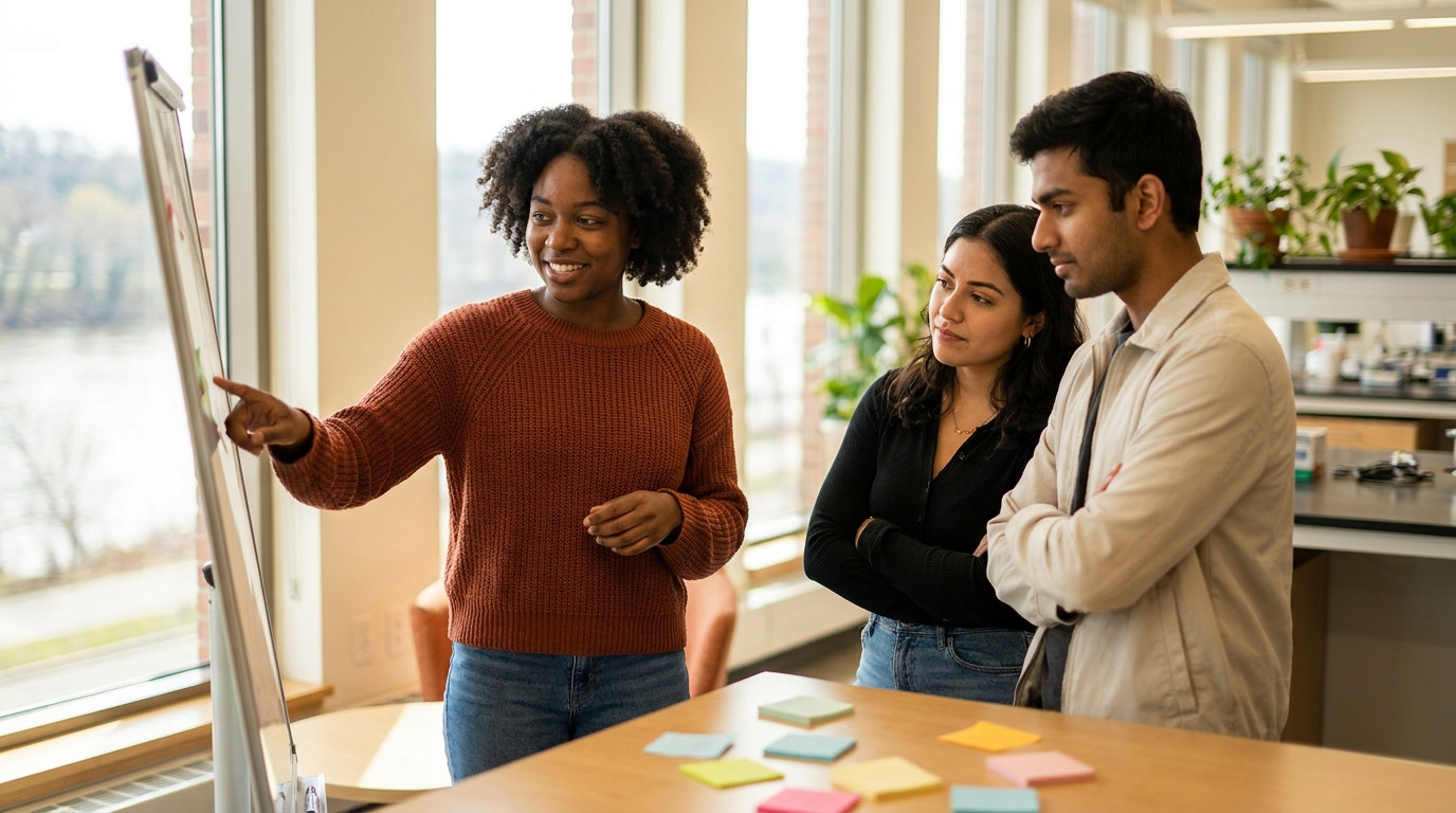 Three interns gathered around a standing whiteboard in a bright open lab lounge, one pointing at the board mid-explanati