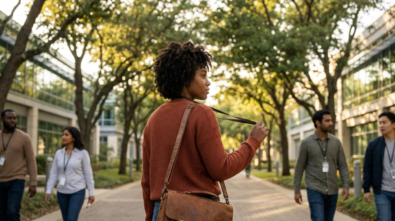 Student walking alone through a tree-lined corporate campus path in early summer, modern low-rise glass buildings on bot