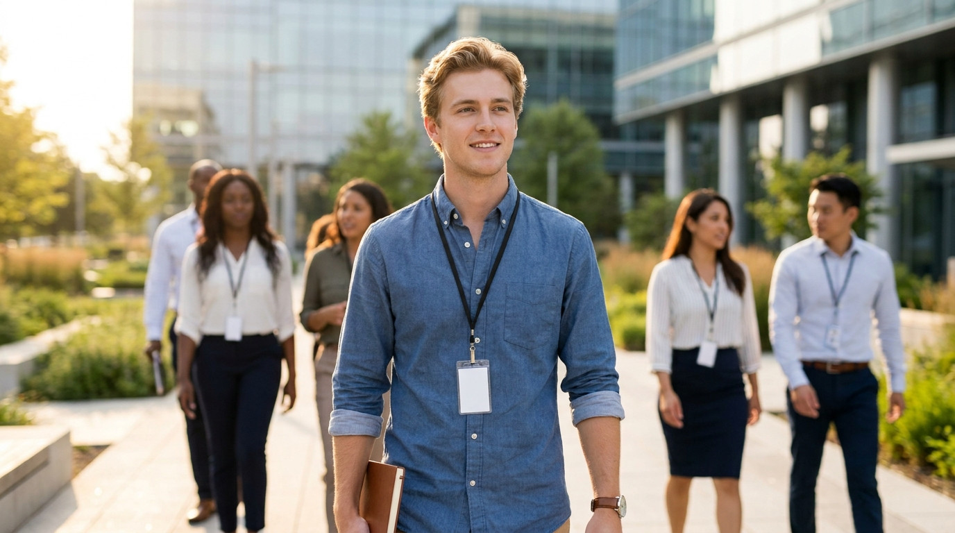 Young professional in a neat blazer walking through a modern corporate campus on a bright summer morning, glass office t