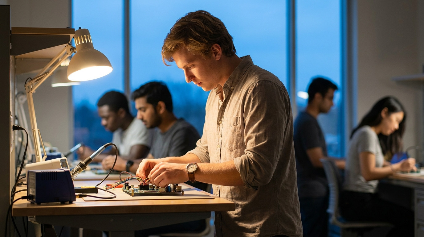 Student working alone at a standing desk in a university engineering lab at dusk, hands adjusting a wiring harness on a 