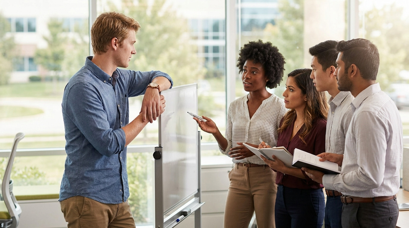 Four interns in business casual gathered around a rolling whiteboard in a bright open-plan office, one standing mid-expl