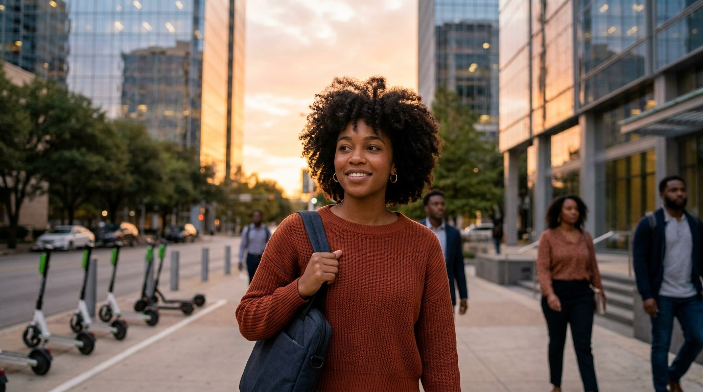 Student walking through Austin's downtown tech corridor on a warm evening, glass office towers reflecting sunset orange,