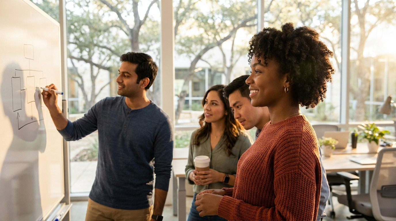 Four engineers gathered around a whiteboard in a bright open-plan office, one sketching a block diagram mid-explanation,