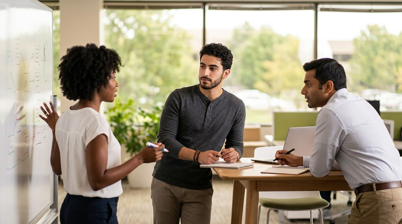 Three young professionals collaborating around a standing-height table in a bright open-plan office, one gesturing at a 
