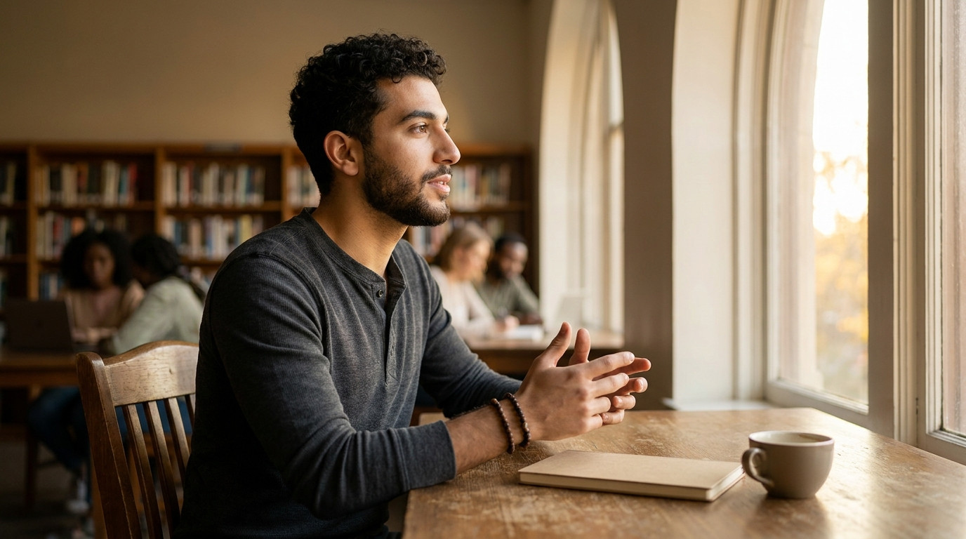 Student in a quiet library corner practicing an interview answer alone, sitting upright at a wooden table near a tall wi