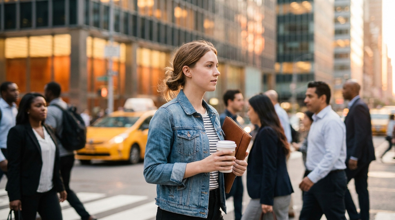 Young professional in a navy blazer walking briskly through a Midtown Manhattan crosswalk at early morning, glass towers