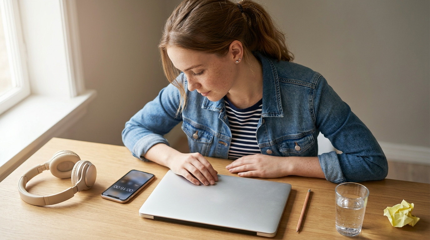 Overhead close-up of a tidy desk staged for an assessment: a laptop closed with a timer showing on a phone screen beside