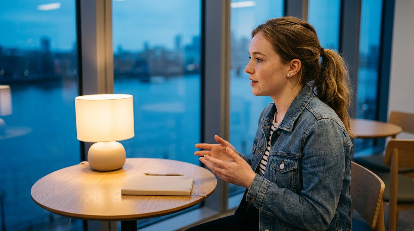 Student in business-casual attire practicing interview answers alone in a quiet coworking nook overlooking the Hudson Ri