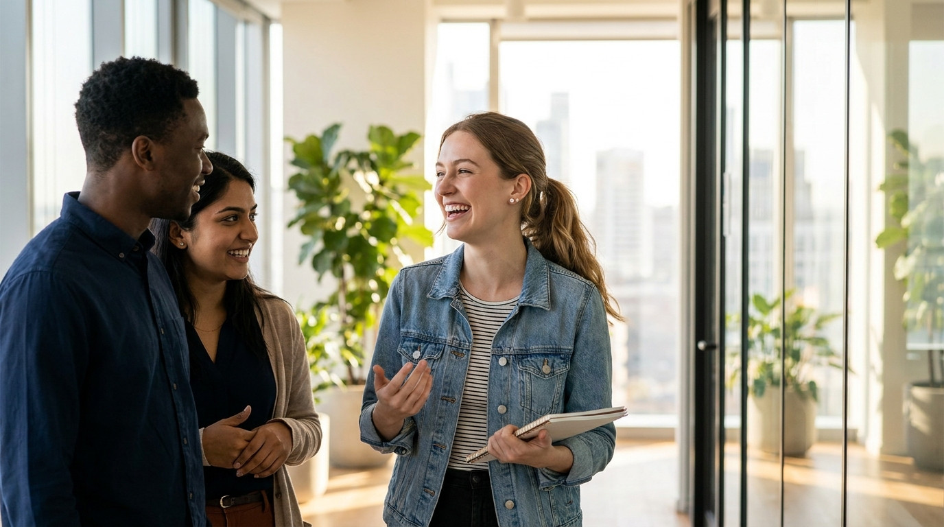 Three interns walking together through a modern glass-walled office corridor, one mid-laugh gesturing with a notebook, t