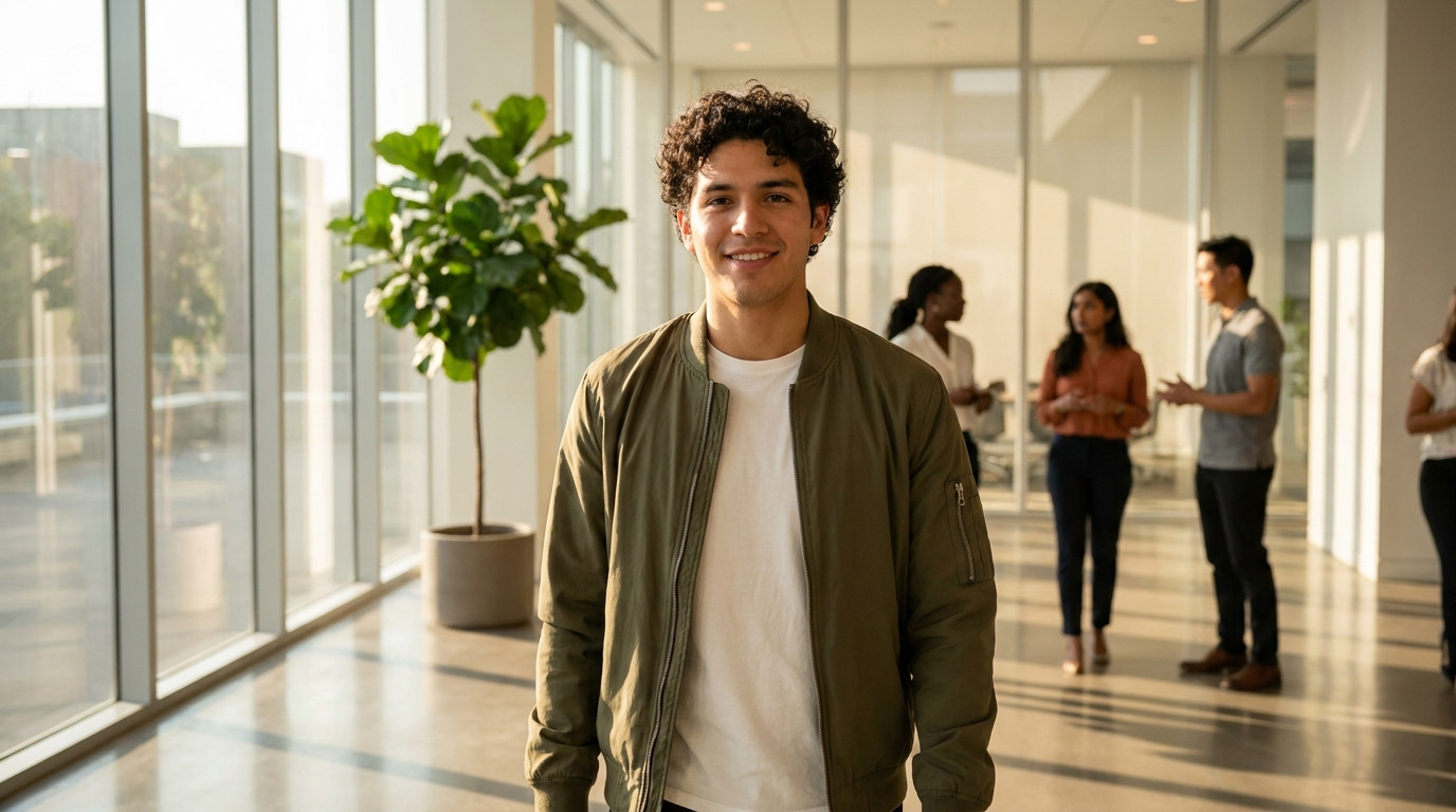 Student in business casual walking through a modern glass-walled office lobby on a summer morning, sunlight streaming th