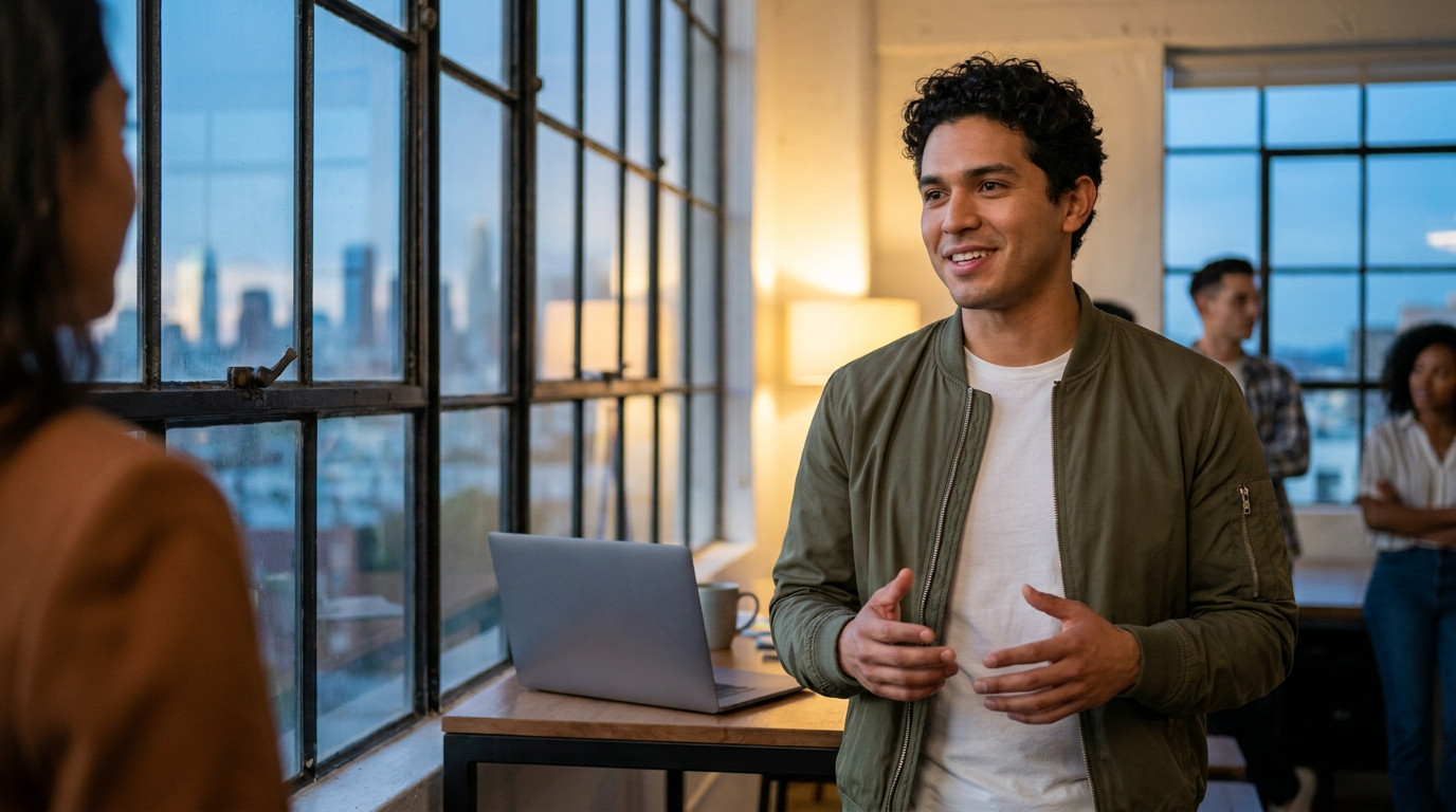 Student practicing an elevator pitch alone in a quiet co-working space at golden hour, standing near a tall window with 