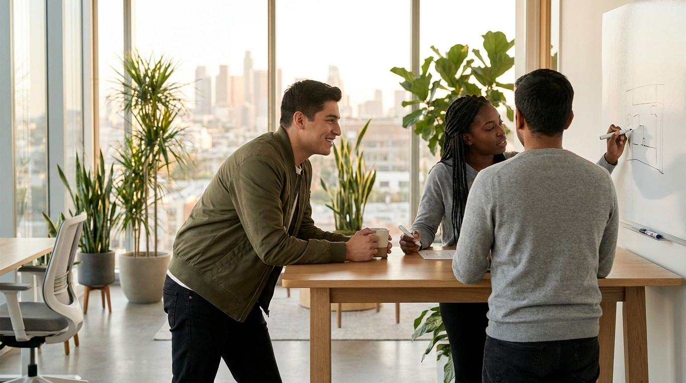 Three interns collaborating around a standing-height table in a bright open-plan office, one sketching on a whiteboard, 