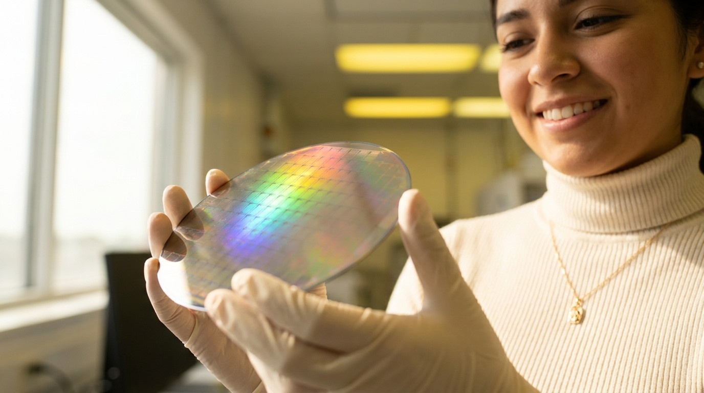 Close-up of a silicon wafer held at a slight angle under controlled lighting, iridescent rainbow diffraction patterns ac