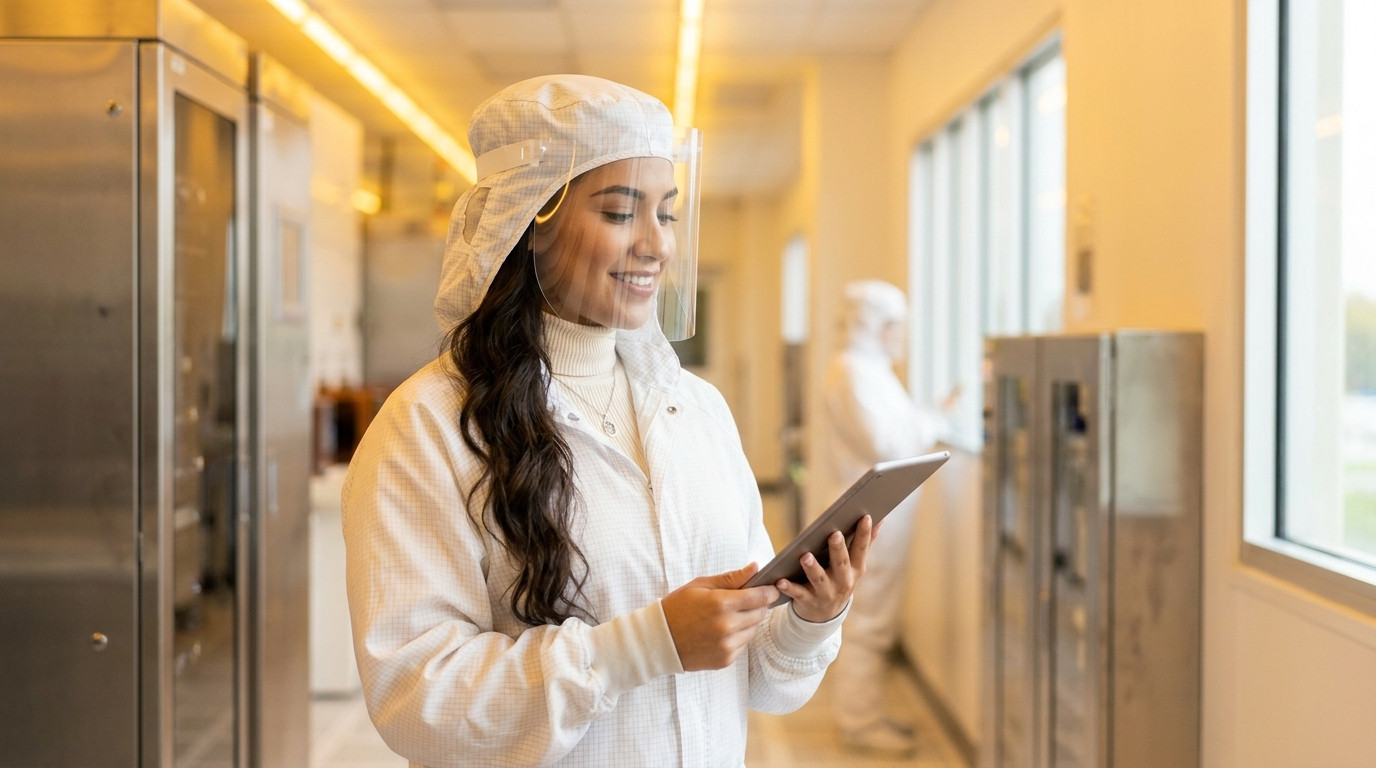 Young engineer in a full cleanroom bunny suit and face shield standing in a brightly lit semiconductor fab corridor, yel