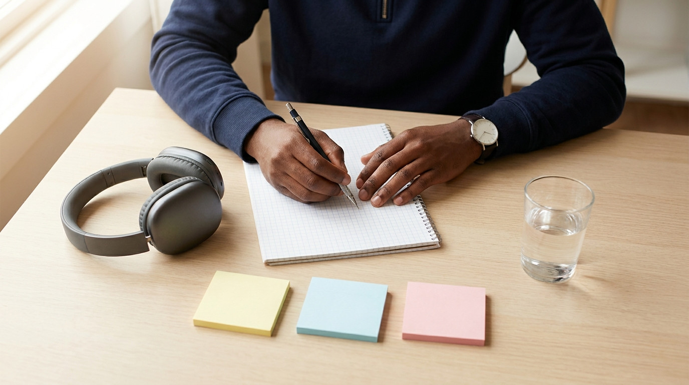 Overhead close-up of a clean desk staged for a technical phone screen: a pair of over-ear headphones resting on a graph-