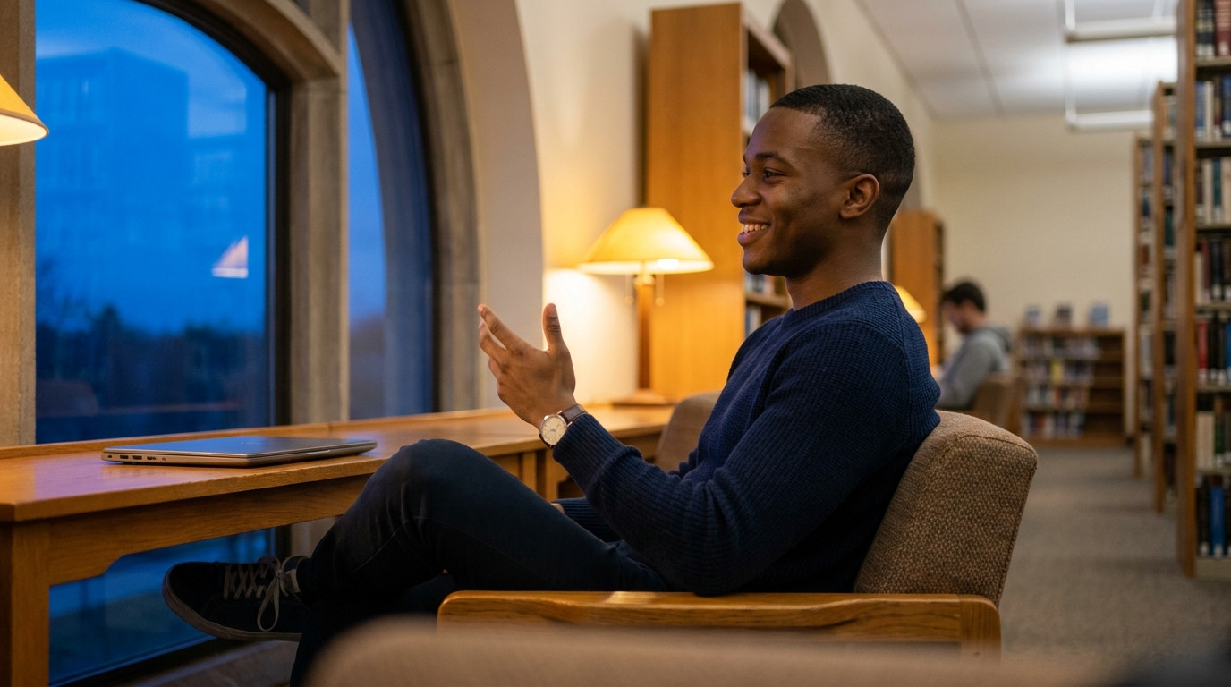 Student sitting in a quiet university library nook at dusk practicing an interview answer alone, sitting upright facing 