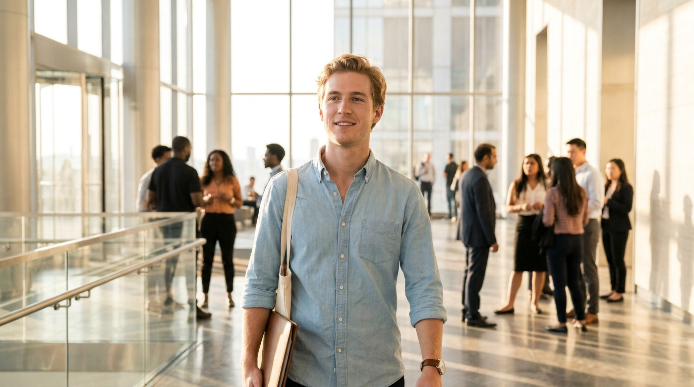 Young professional walking through the Hudson Yards lobby area on a bright summer morning, glass towers and polished flo