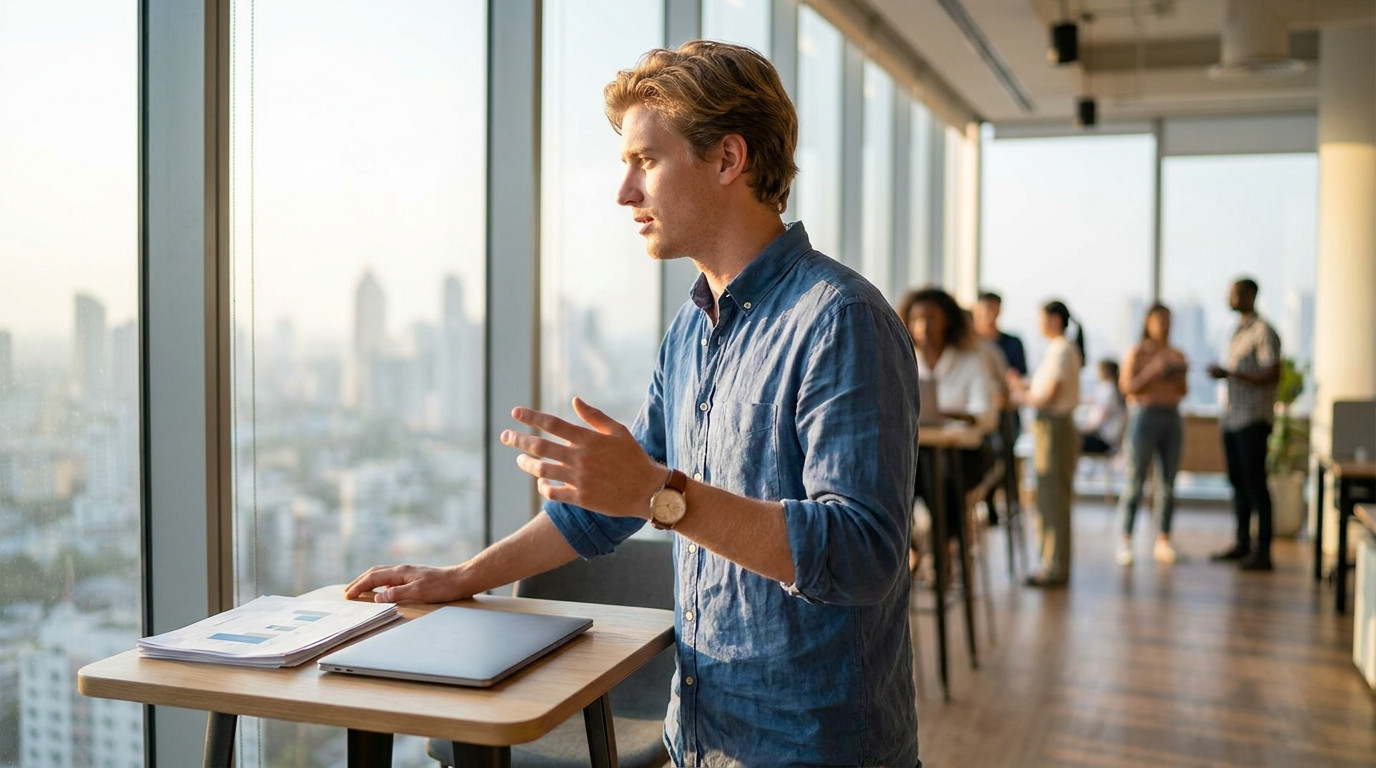 Student rehearsing a presentation alone in a modern coworking space with floor-to-ceiling windows showing a city skyline