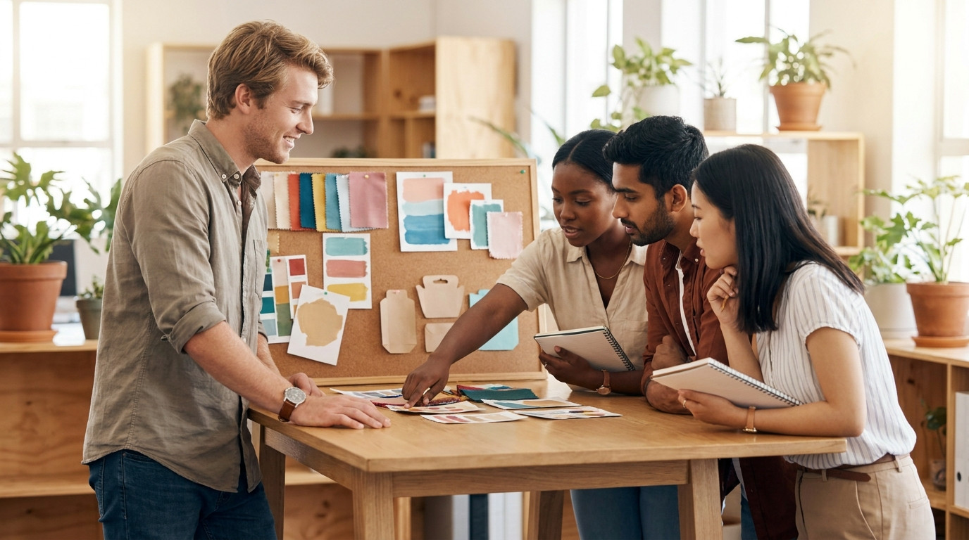 Three interns collaborating around a standing-height table in a bright open-plan office with plants and natural light, o