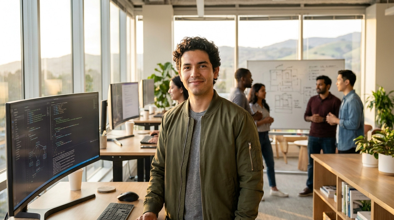 Wide shot of a modern open-plan tech office at golden hour, rows of standing desks with large curved monitors showing te