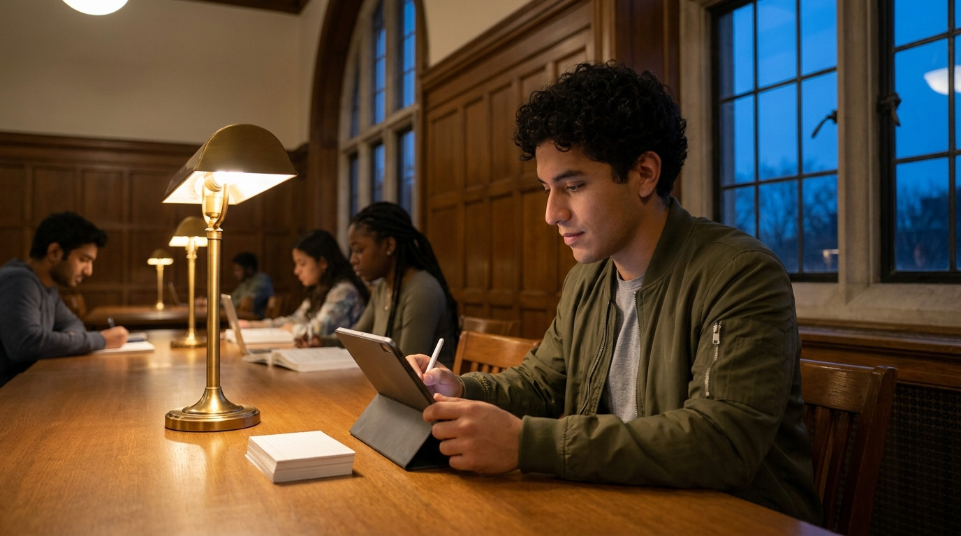 Student sitting at a large library table near a window at dusk, practicing a whiteboard-style problem on a tablet proppe