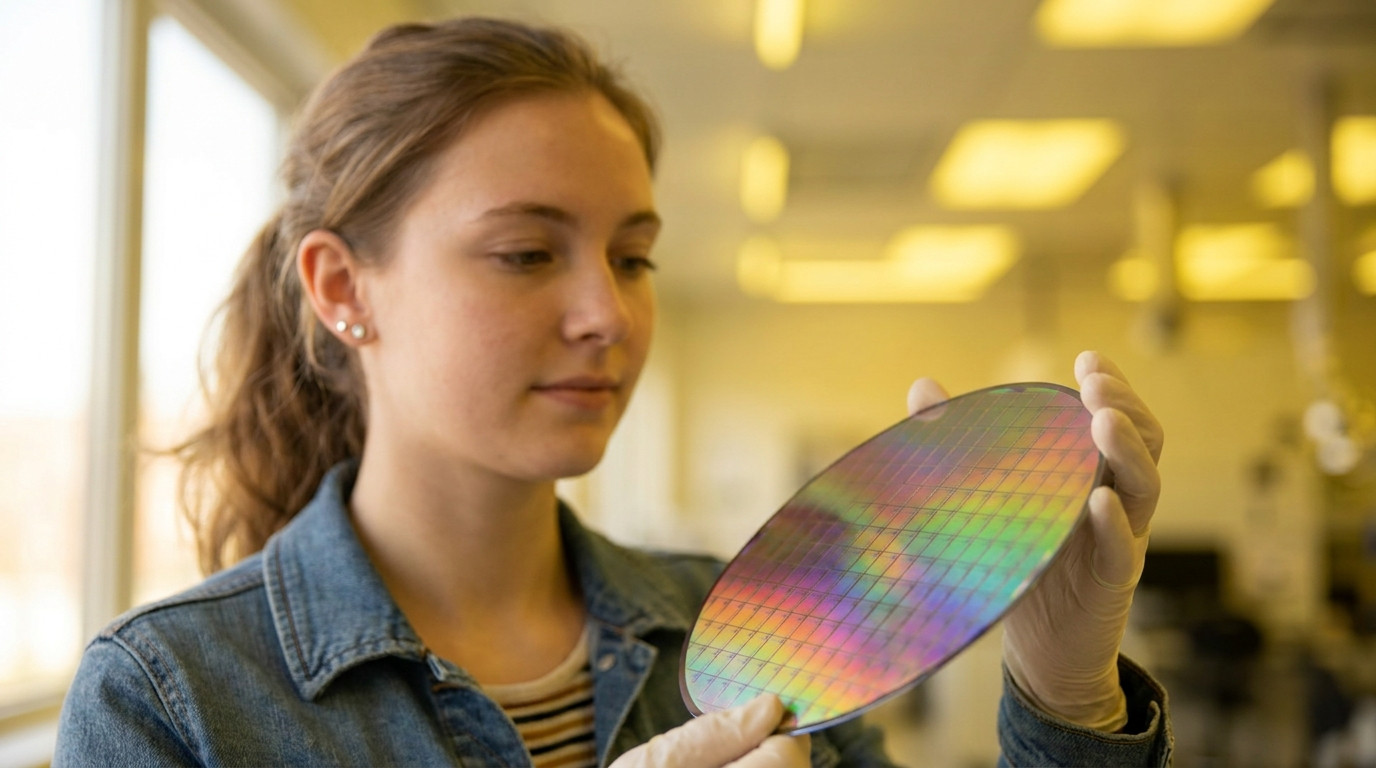 Close-up of a silicon wafer held at a slight angle under controlled laboratory lighting, iridescent diffraction patterns