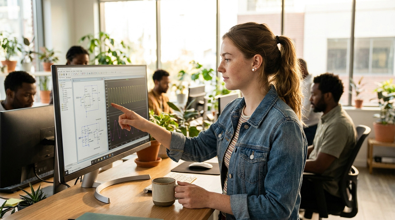 Young engineer in business casual at a standing desk reviewing circuit schematics on a large ultrawide monitor, one hand