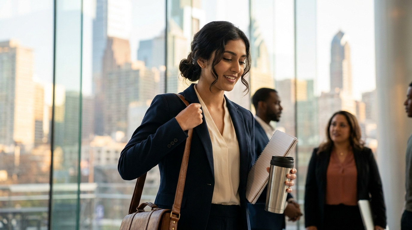 College student in business-casual attire walking through a sunlit glass-walled corporate lobby on a weekday morning, a 