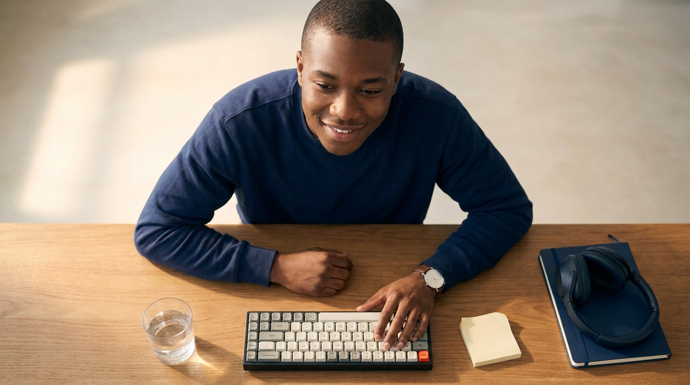 Overhead close-up of a tidy desk staged for a coding assessment, a mechanical keyboard, a glass of water, noise-cancelli