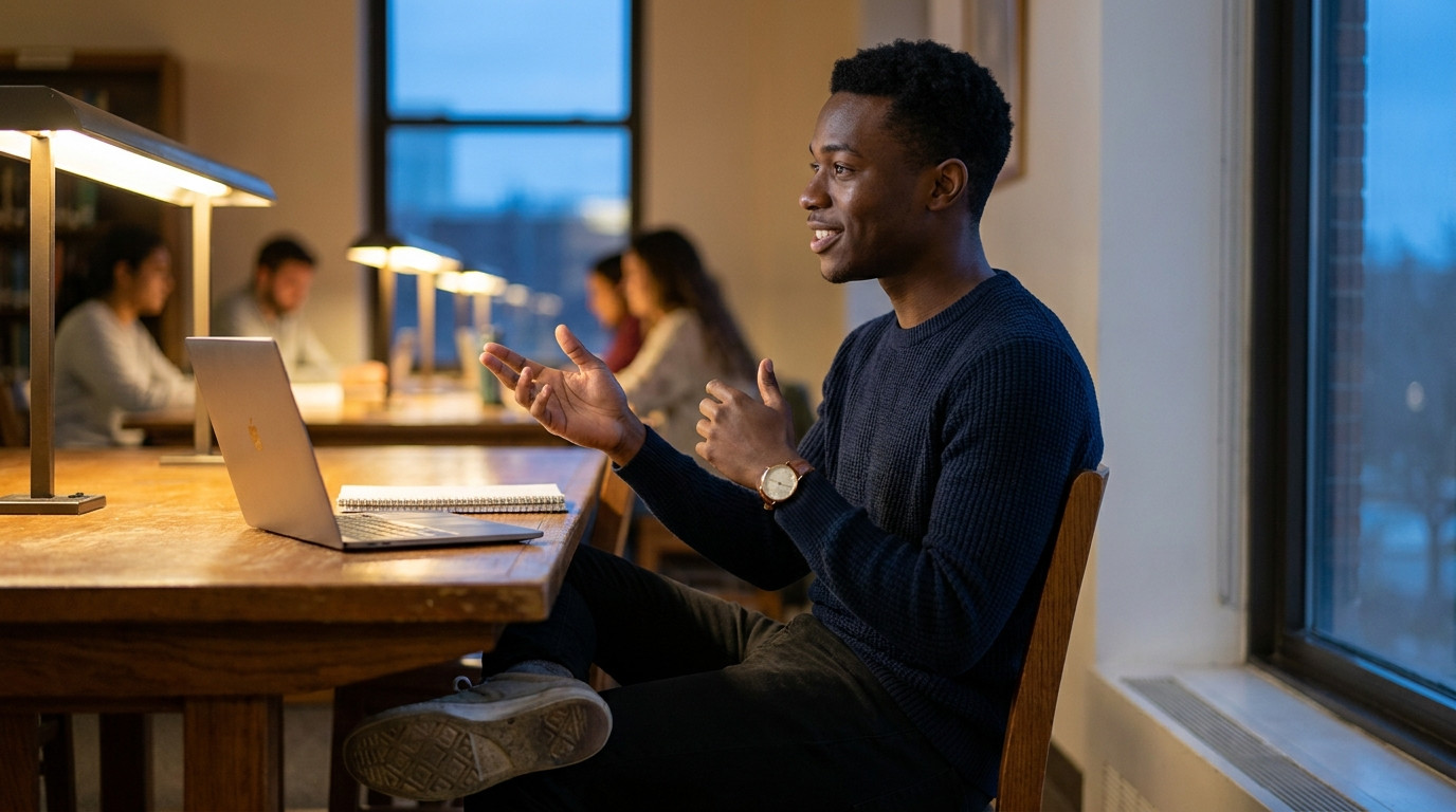 Student practicing a technical interview alone at a quiet university library desk at dusk, sitting upright facing a tall