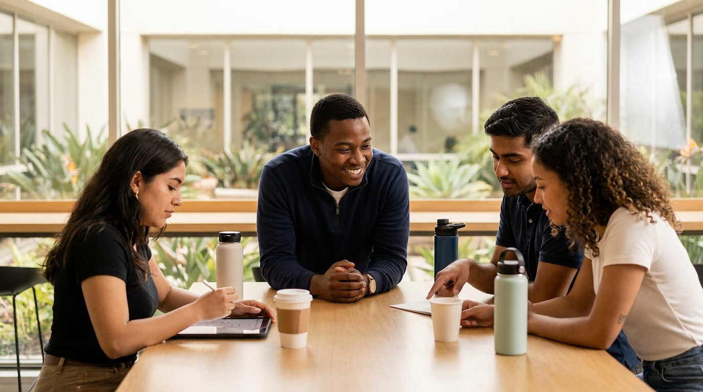 Three interns collaborating around a standing-height table in a sunlit tech campus common area with indoor plants and la