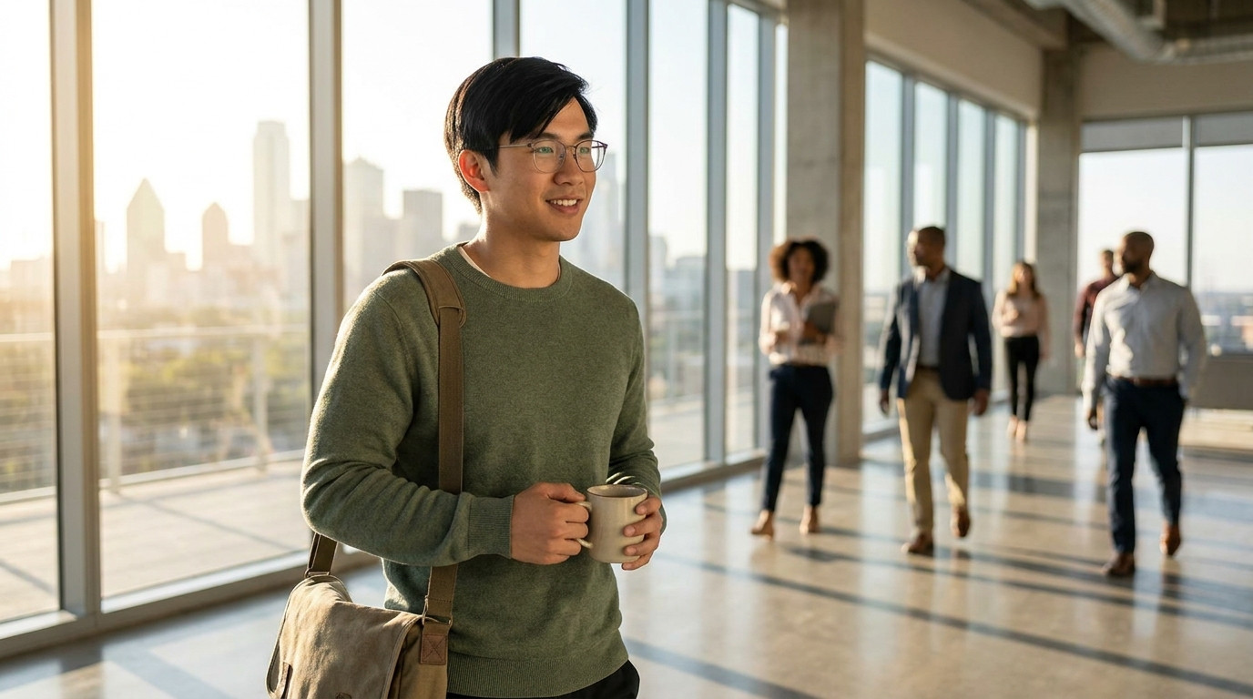 Young professional walking through a sleek corporate office lobby on a warm morning, floor-to-ceiling glass windows show