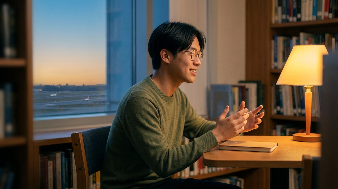 Student practicing interview answers alone in a quiet study room at golden hour, sitting upright at a small table facing