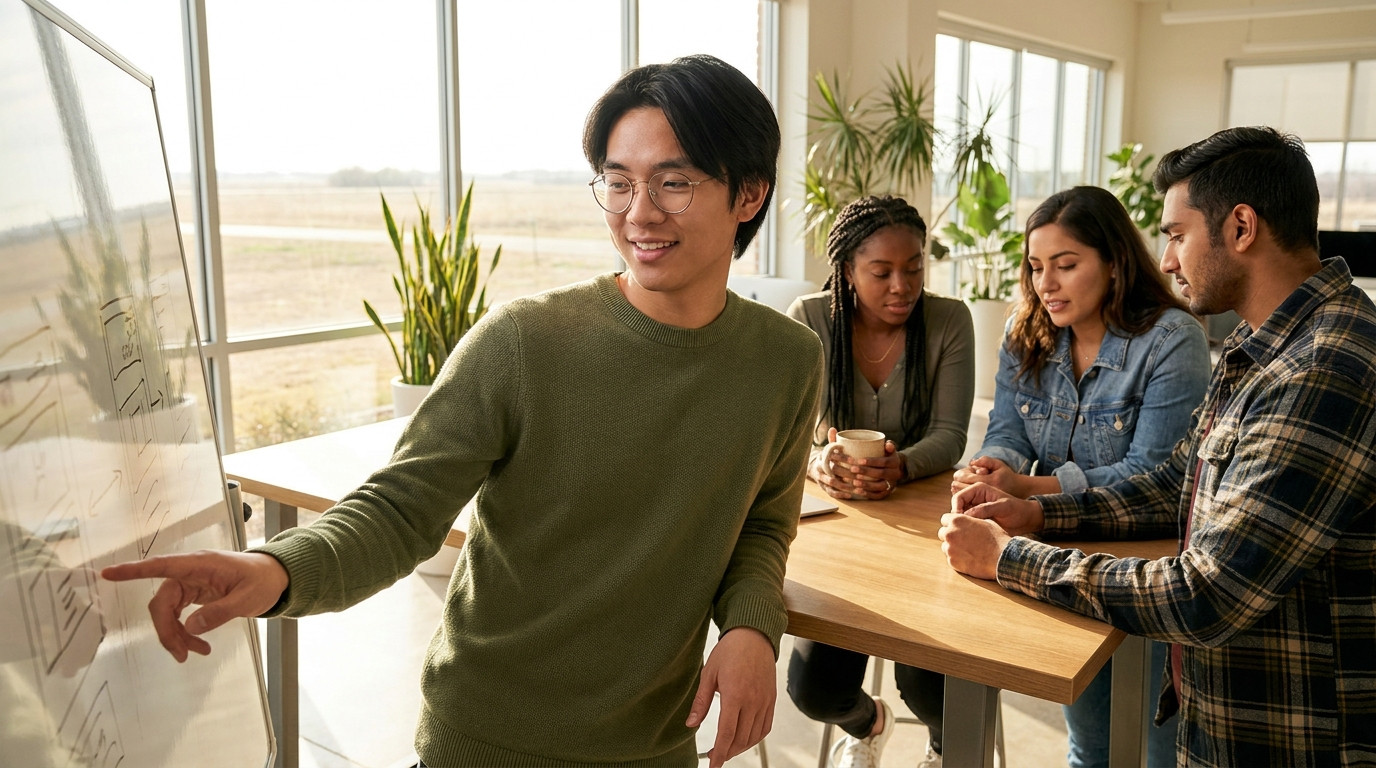 Four interns collaborating around a standing-height table in a bright open-plan office, one pointing at a whiteboard ske