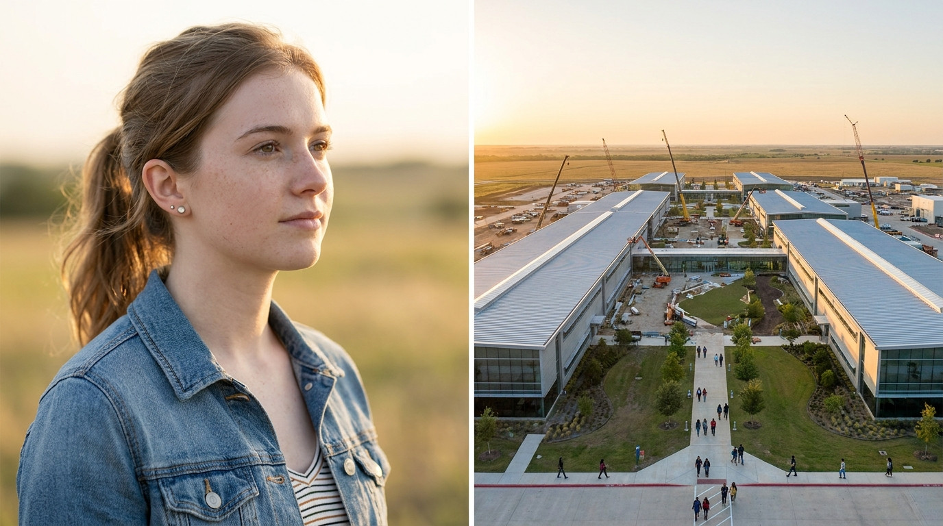 Aerial view of a sprawling semiconductor manufacturing campus in the north Texas plains at golden hour, long modern buil