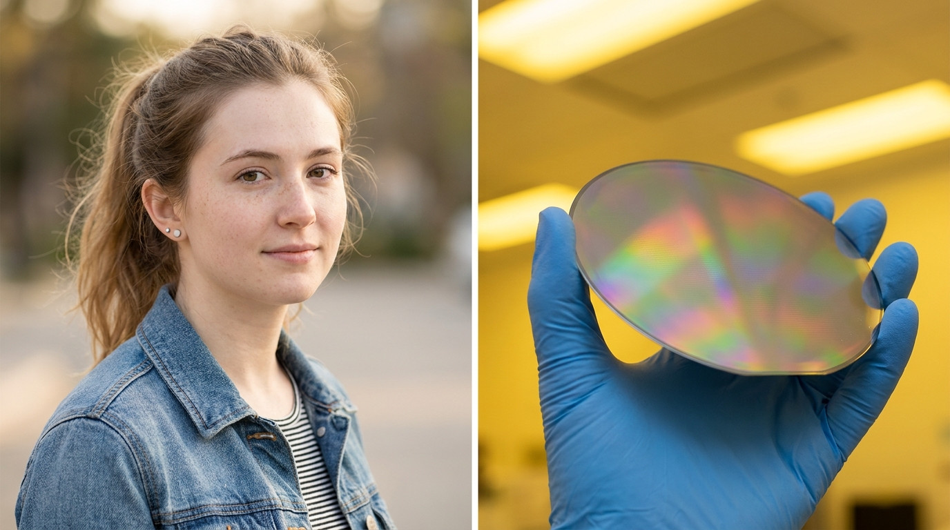 Close-up of a silicon wafer held at a slight angle under controlled cleanroom lighting, iridescent diffraction patterns 