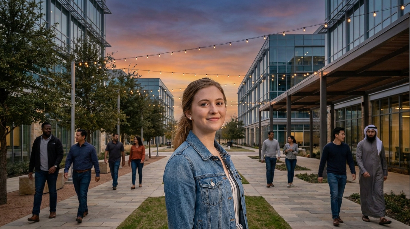 Wide exterior shot of a modern technology campus courtyard at dusk in north Texas, employees walking between glass-and-s