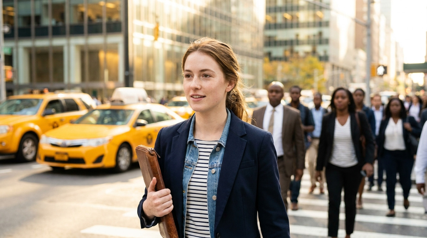 Young professional in a navy blazer walking through a Midtown Manhattan crosswalk on a bright weekday morning, glass off