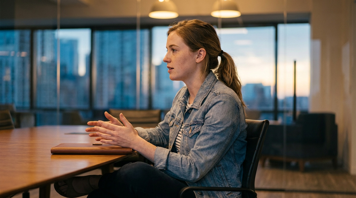Student in business casual sitting upright in a quiet conference room rehearsing an interview answer, hands mid-gesture 